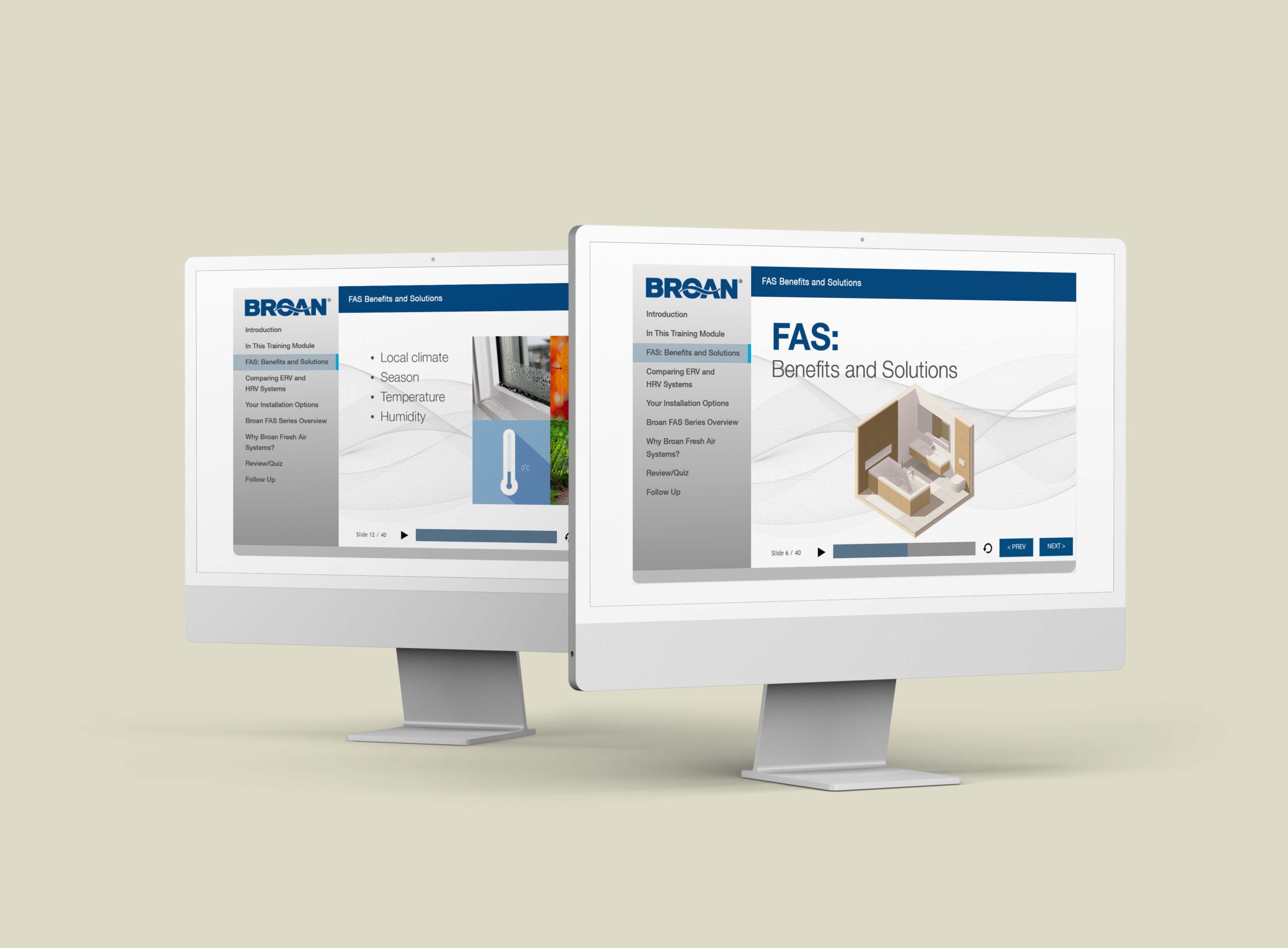 Two computer with the Broan FAS: Benefits and Solutions modules mocked up on their screens.