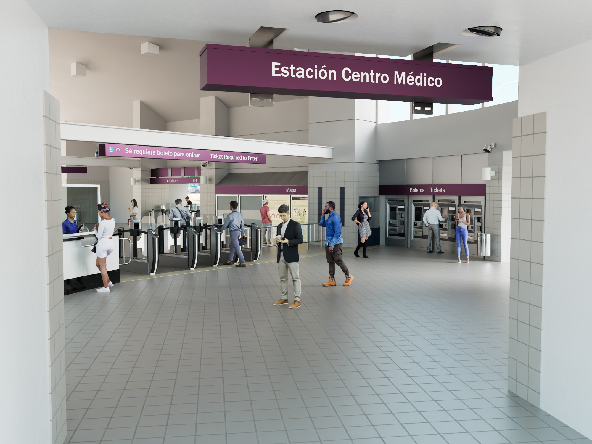 3D animation of train station ticketing