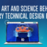 Promotional graphic showcasing a technical design firm’s integration of art and science—featuring a 3D-rendered robotic drone on a laptop screen, symbolizing advanced engineering and creative innovation.