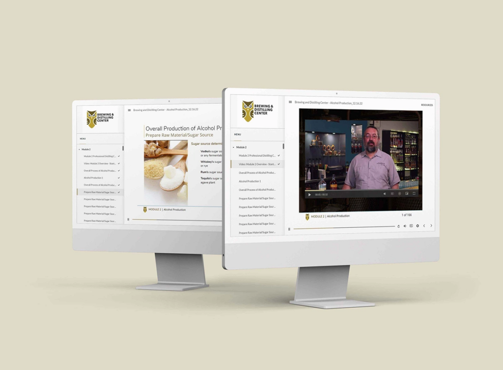 Two desktop screens showing an online training module on alcohol production created by a technical training agency.