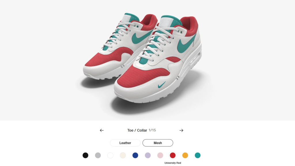 Nike By You interactive product viewer showing customizable sneakers with color and material options for different shoe components.