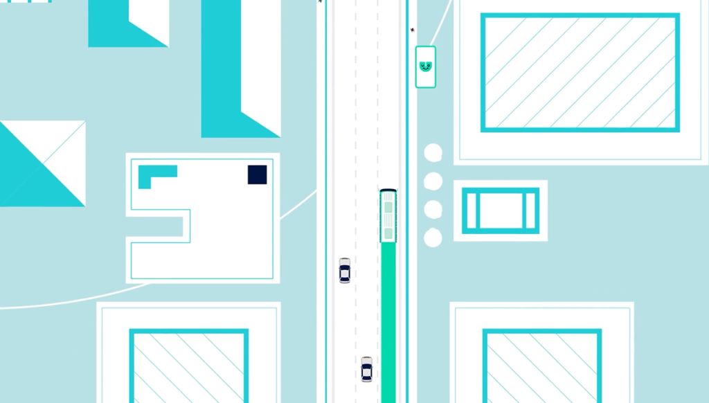 Flat-style motion graphic map showing vehicles, buildings, and transit pathways in a simplified city layout. 