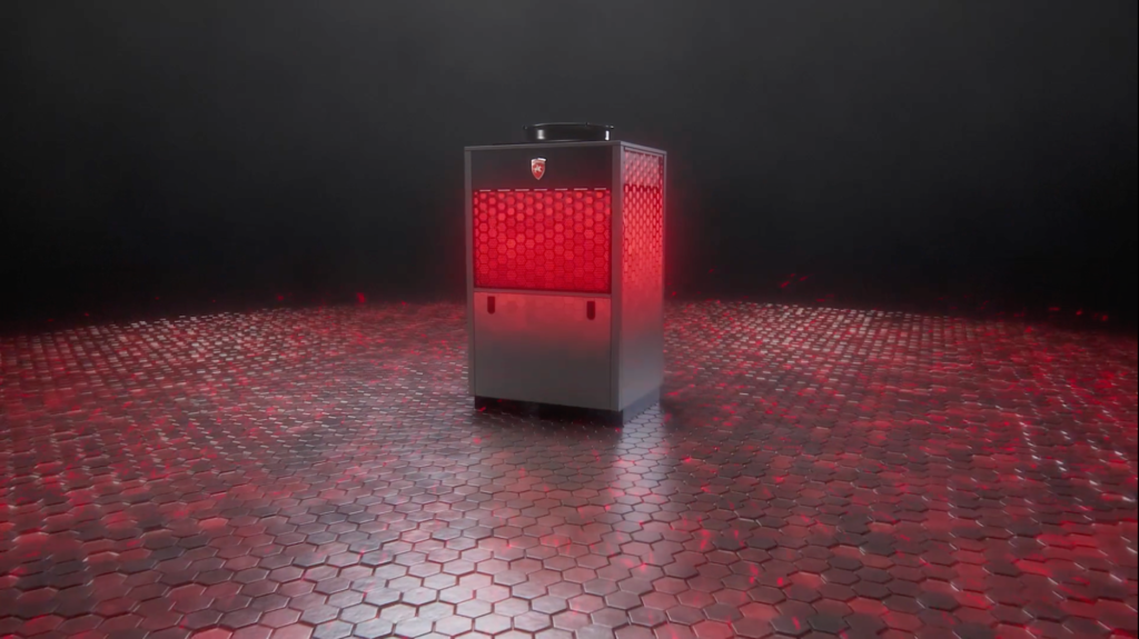 3D rendered industrial unit displayed on a reflective hexagon-pattern floor with dramatic red lighting effects.

