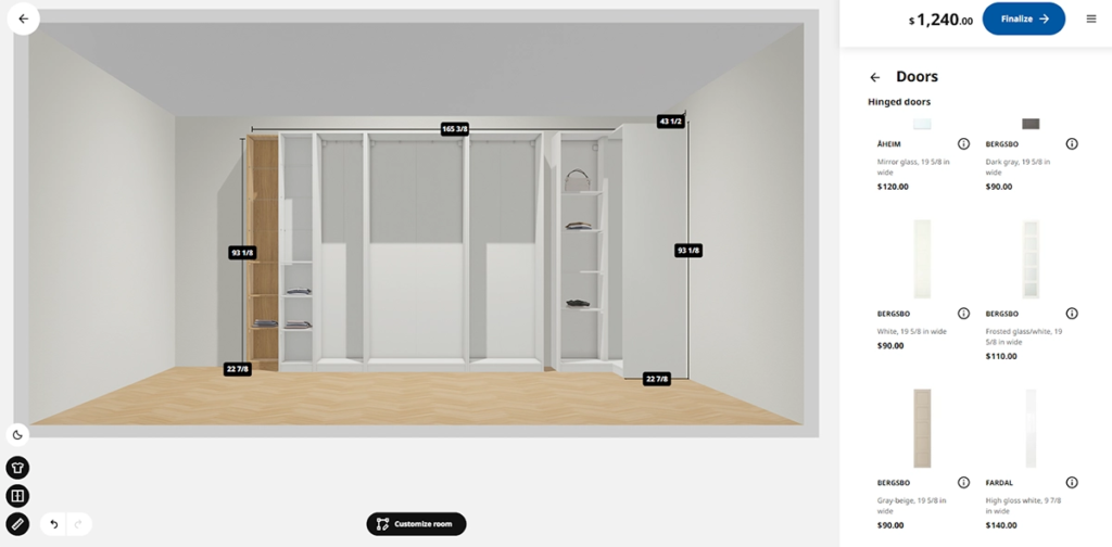 Interactive product viewer showing an IKEA PAX wardrobe design with room measurements and customizable door options.