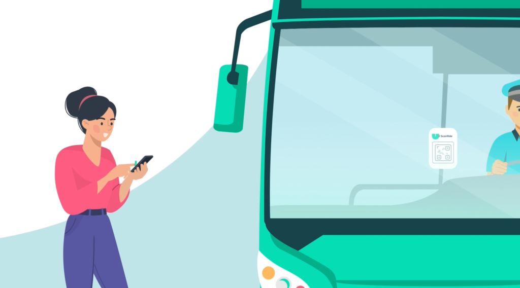 2D animation example for Knoxville animation pricing, illustrating a passenger using a smartphone ticketing app while boarding a transit vehicle
