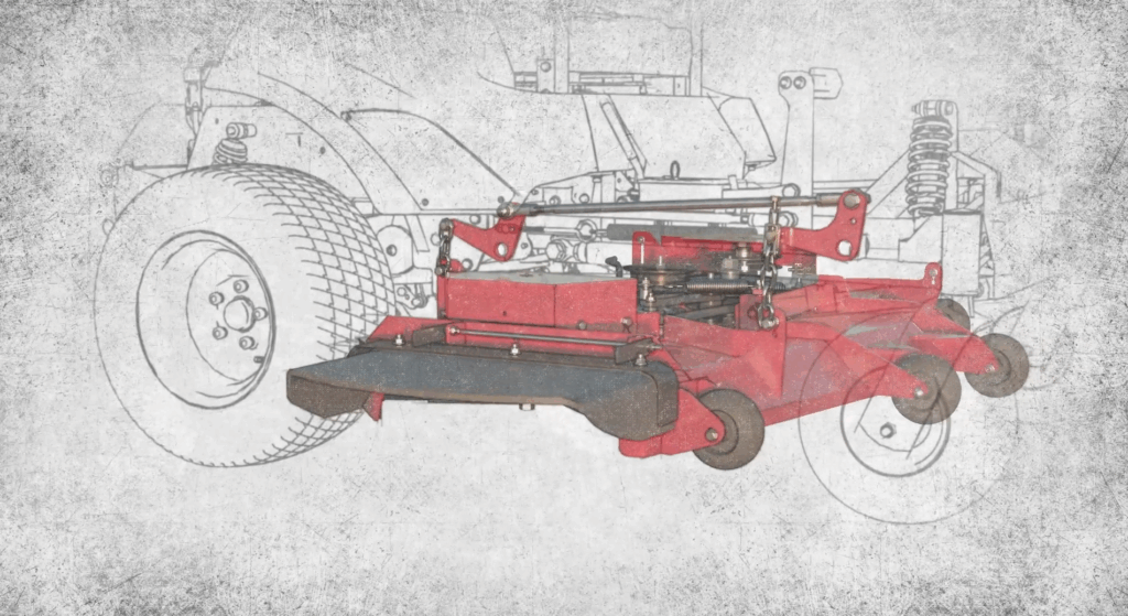 3D animation example showing a Ferris mower suspension system with internal components overlaid on a technical line drawing