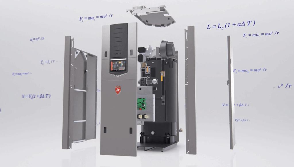 Photorealistic 3D animation showing a commercial boiler with internal components separated for technical visualization
