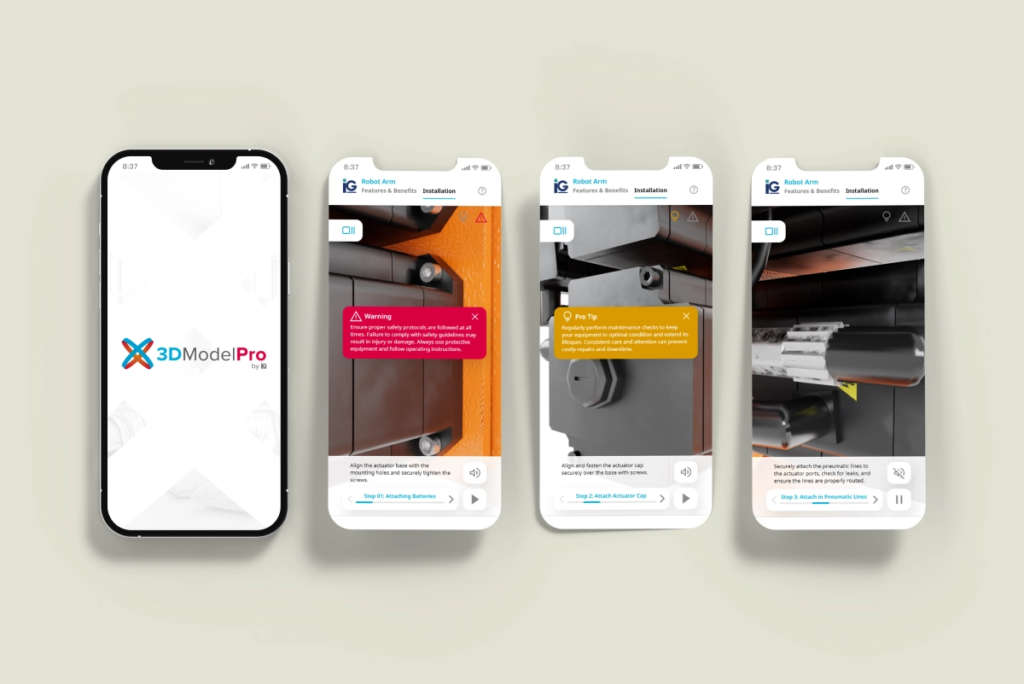 Mobile interface demonstrating 3D animation view services with interactive visuals, on-screen guidance, and voice instructions for complex equipment.