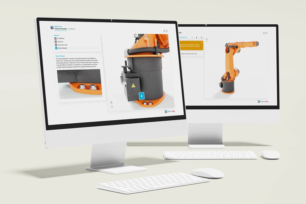 Desktop display showing 3D animation view services used to explore and understand complex industrial equipment through interactive 3D views.