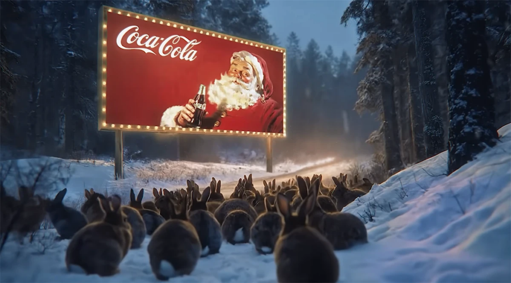 AI-generated Coca-Cola holiday commercial scene with a Santa billboard in a snowy forest, referenced within a Commercial Service Animation example