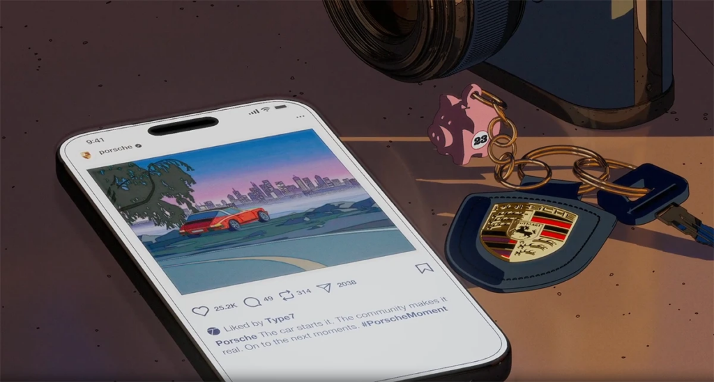Commercial Service Animation visual featuring a 2D animated Porsche illustration viewed on a mobile phone with branded accessories