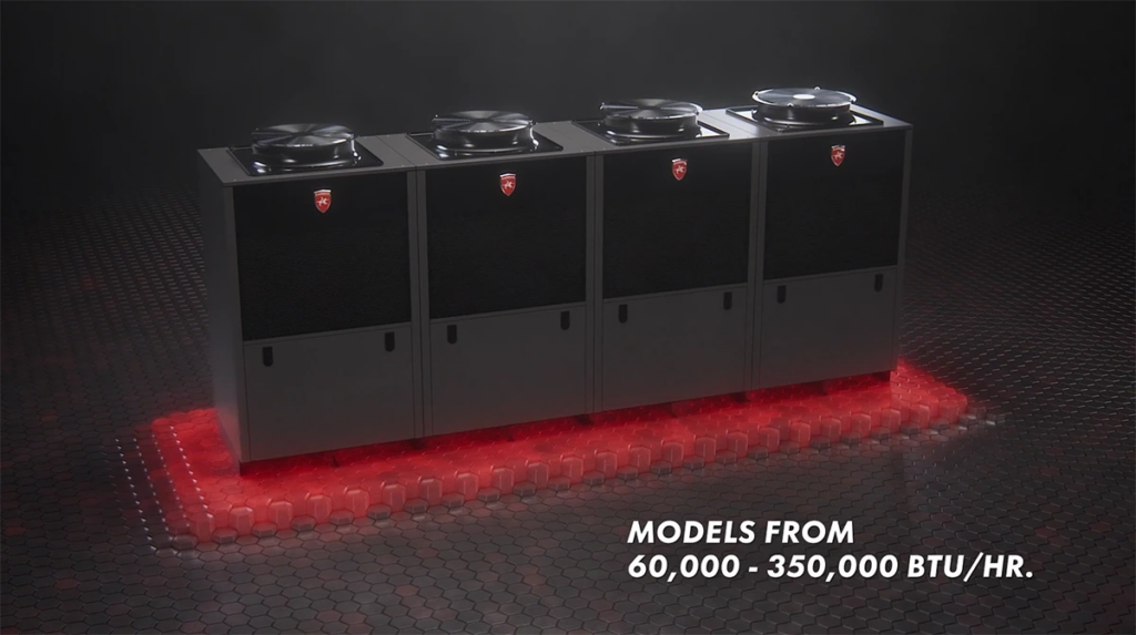 Lochinvar’s new commercial heat pump system shown in a 3D render, used to illustrate Commercial Service Animation for HVAC technology