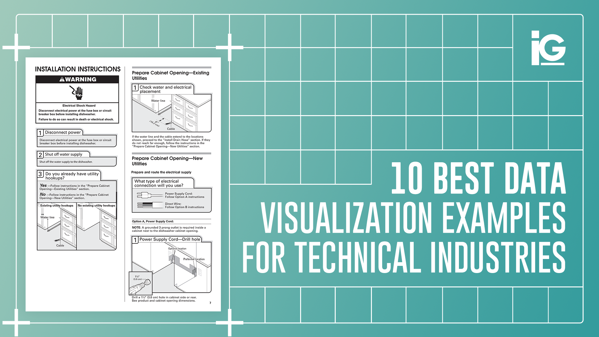 Best data visualization examples for technical industries are shown through technical installation diagrams and a structured grid-based visual layout