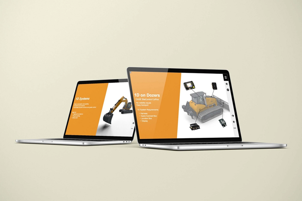 Interactive construction equipment training animation shown on digital devices as part of the best data visualization examples for technical learning systems
