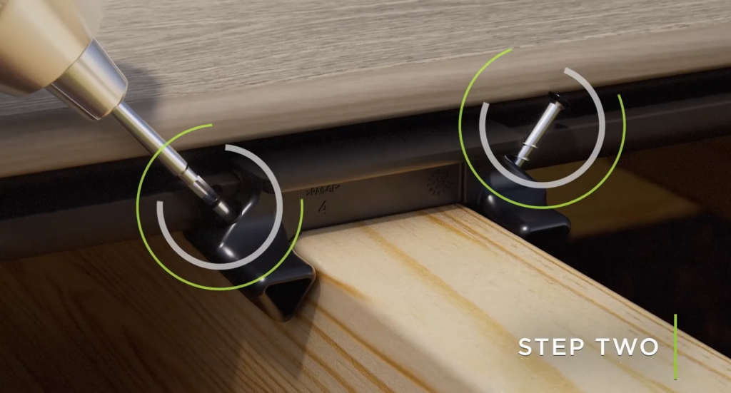 3D animation showing step two of a product installation, highlighting precise screw placement and alignment for clear, easy-to-follow assembly instructions.