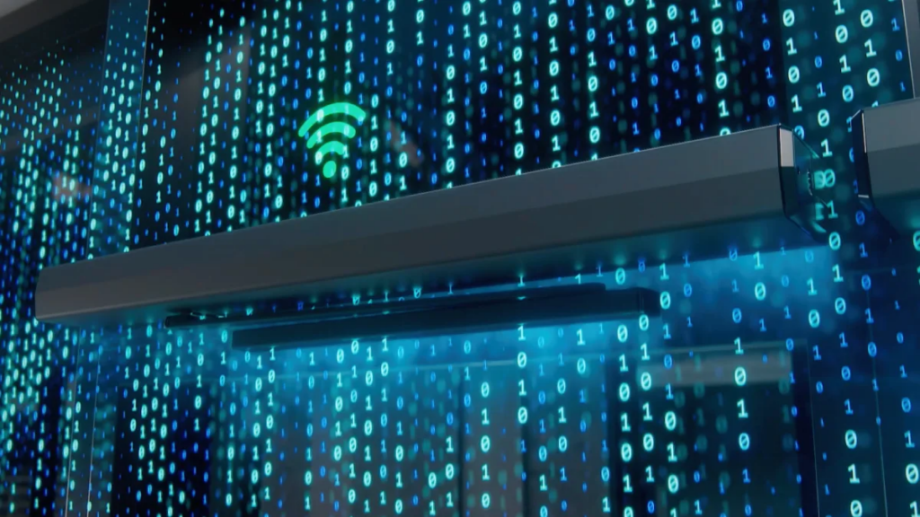 Product animation: Norton Rixson precision commercial hardware debut with cascading binary code and glowing Wi-Fi symbol.

