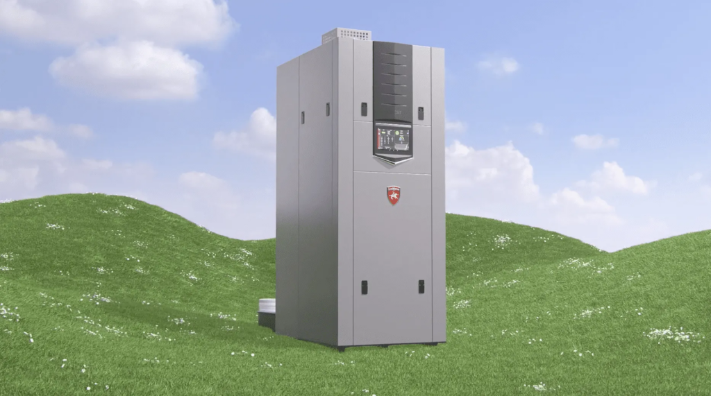 A sleek product animation showcasing the Lochinvar Hellcat commercial water heater set within a lush, green outdoor landscape.