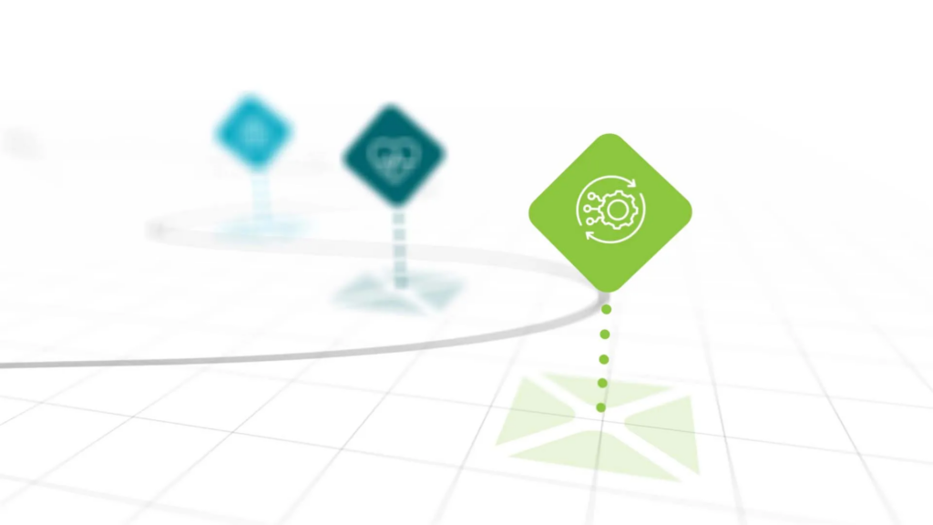 A dynamic product animation of the Pointcore solution roadmap, featuring a glowing gear milestone icon moving along an animated timeline.

