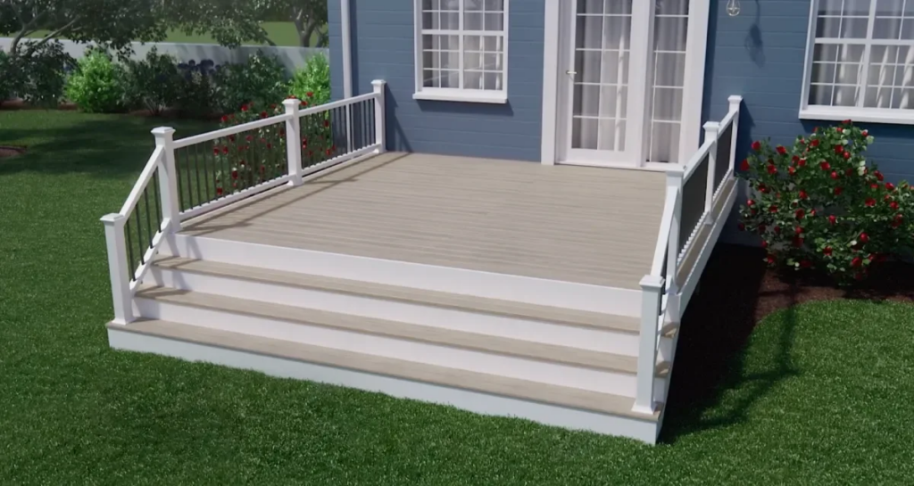 3D product animation of Trex composite decking and railing system for a backyard home installation.

