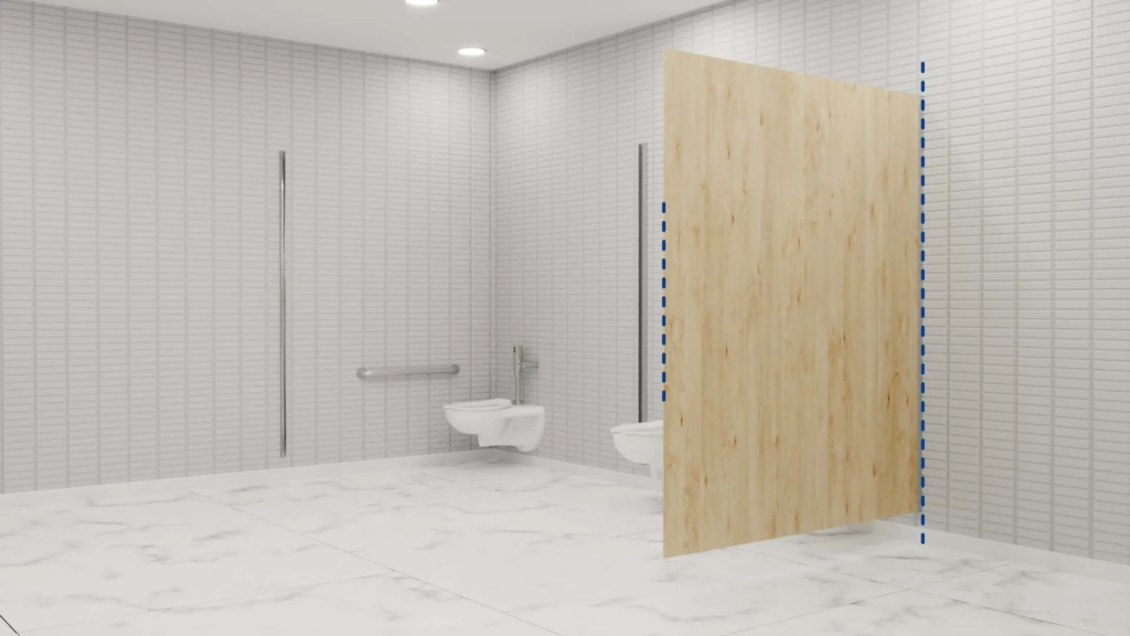 Technical product animation of a Bradley restroom partition system showing installation and hardware details.