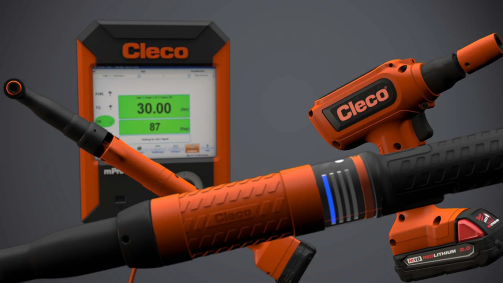 Cleco industrial smart tools and mPro controller in a high-fidelity product animation for trade shows.

