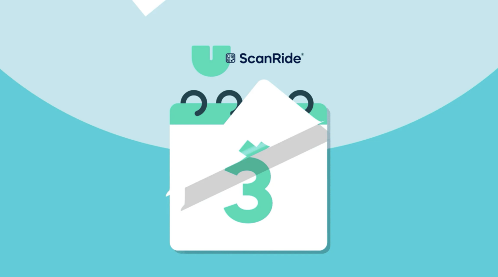 Product animation still of the Cubic Umo ScanRide logo and a calendar icon displaying the number 3

