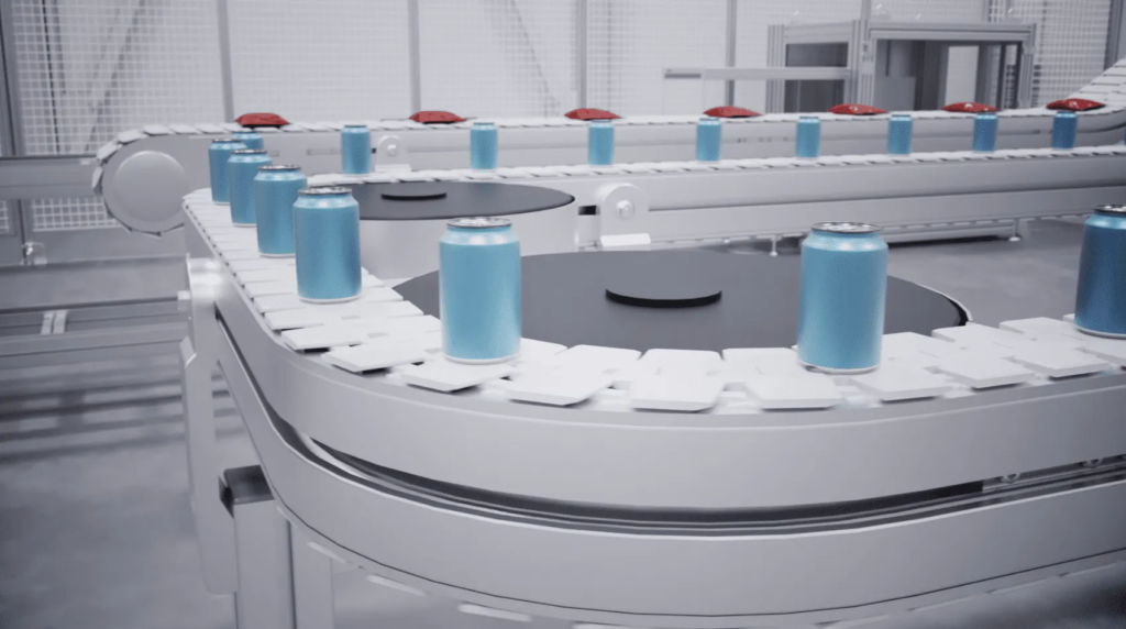 A 3D product animation still from the 2025 reel showing blue cans on a high-speed industrial conveyor system.

