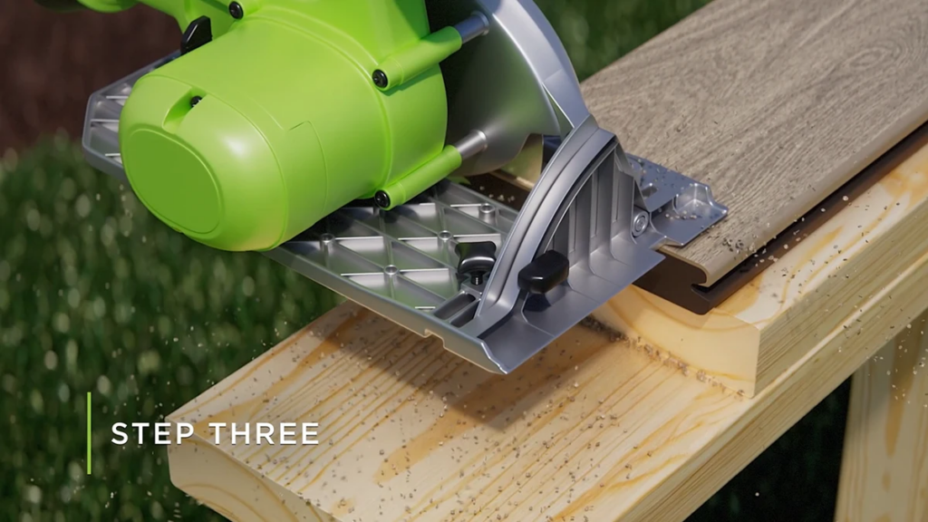 A professional video production still by Info-Graphics featuring a green circular saw in action, demonstrating the quality found when asking how much an explainer video cost. 