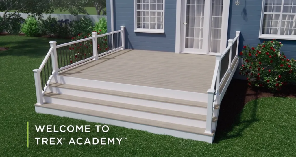 Installation video for outdoor decking system showing 3D visualization of deck structure, steps, and railing components in a residential setting