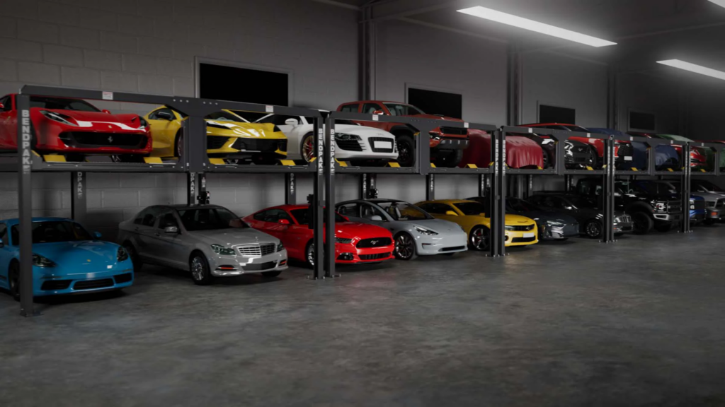 Photorealistic 3D product animation of BendPak puzzle parking lifts created by Info-graphics for a product launch video