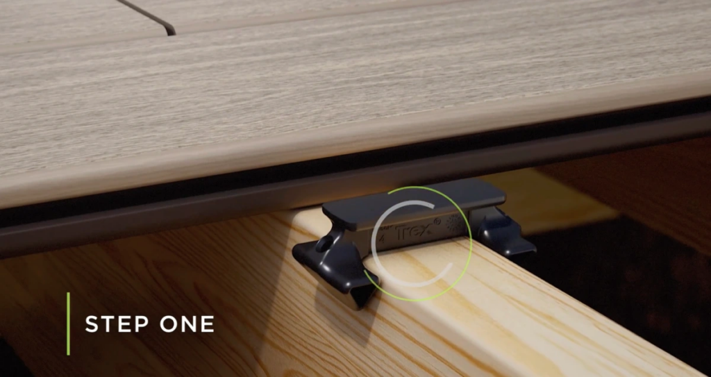 Animated installation sequence showing Trex deck clip placement in Step One of a 3D product how-to animation by Info-graphics