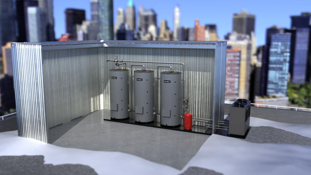 Info-Graphics’ CAD-based render of Lochinvar's industrial boiler system, shown in a real-world rooftop installation environment.