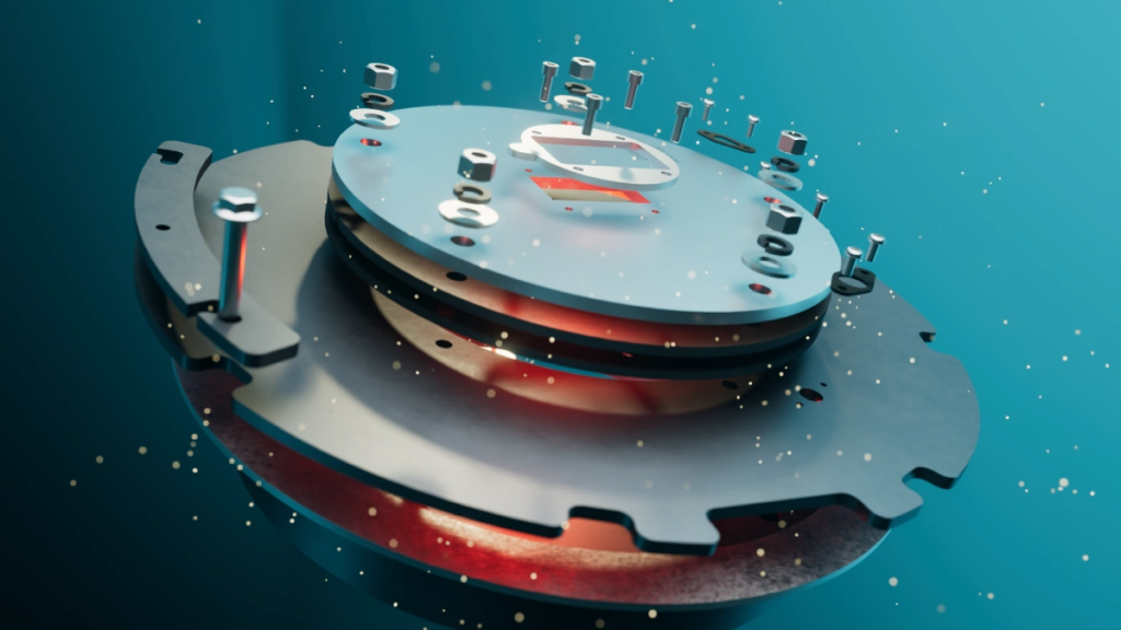 Cutaway 3D render of a hydraulic actuator assembly showing internal seals, mounting bolts, and pressure plate layers.